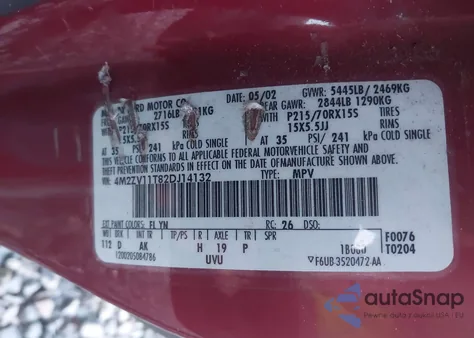 2002 Mercury Villager из США, поврежденный, VIN 4M2ZV11T82DJ14132